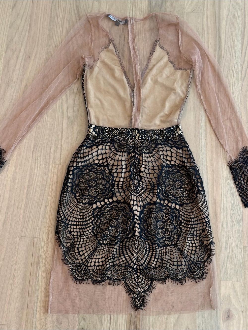 For Love & Lemons Blush Sheer Long-Sleeve Dress with Black Lace Overlay - Picture 2 of 4
